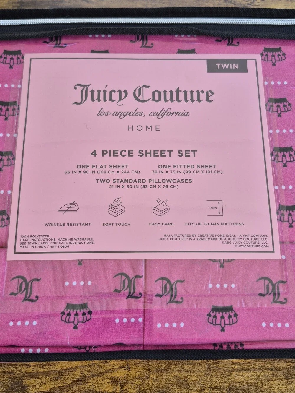 NWT Juicy Couture Twin Sheet Set Pink Gothic JC Logo Crown Tiara 4 PC